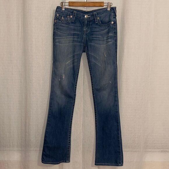 True Religion 28 Bootcut BFFM Highland Meadow Distressed Medium Wash Blue Jeans - Picture 1 of 16